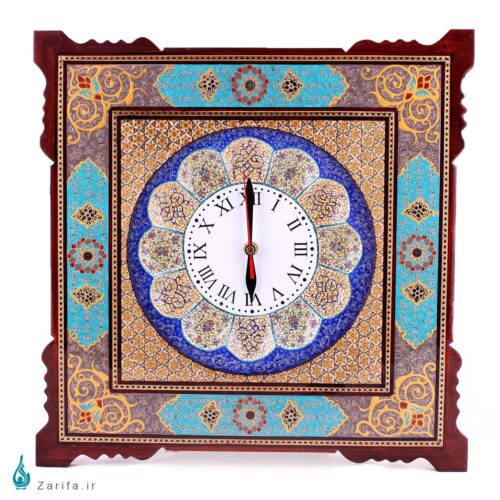 ساعت دیواری مینا با حاشیه خاتم و تذهیب آبی