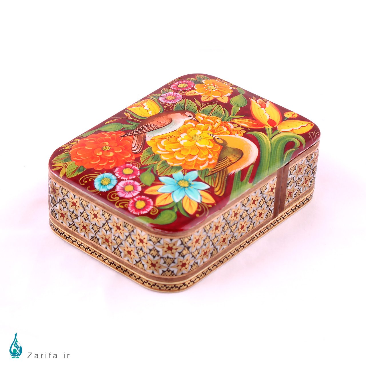 4844 جعبه خاتم با نگارگری گل و مرغ نارنجی