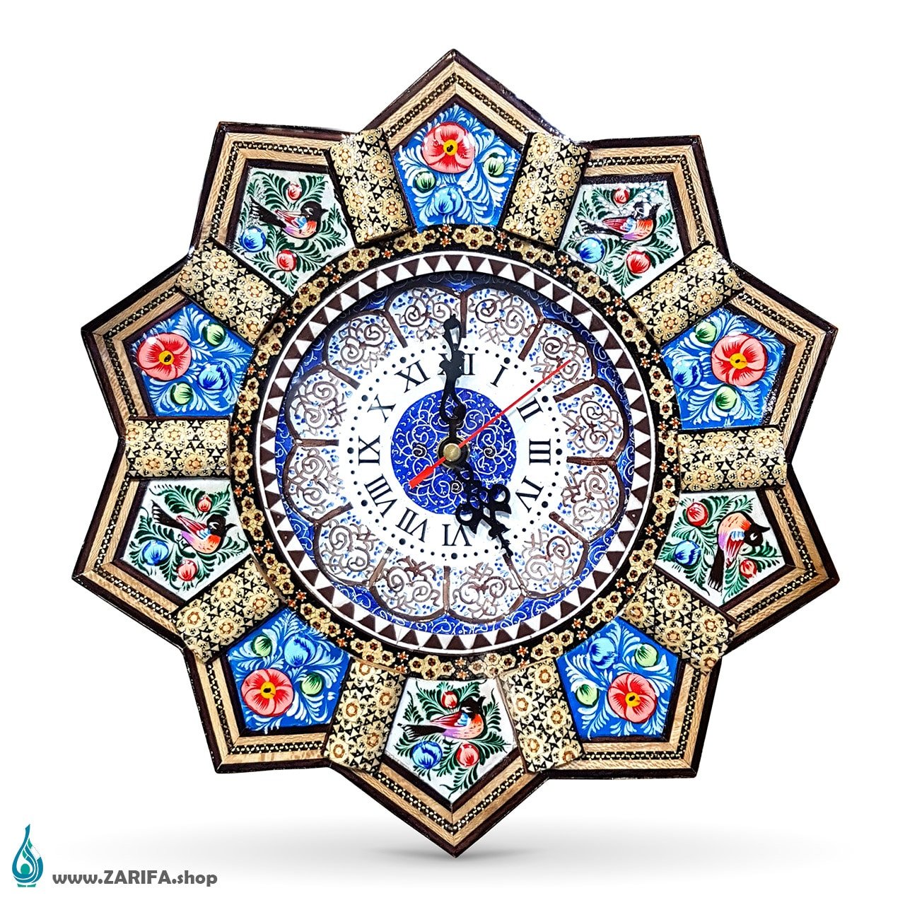 wall-clock-20cm-flower-1 ساعت میناکاری با قاب خاتم قل دار 36 سانتی متری