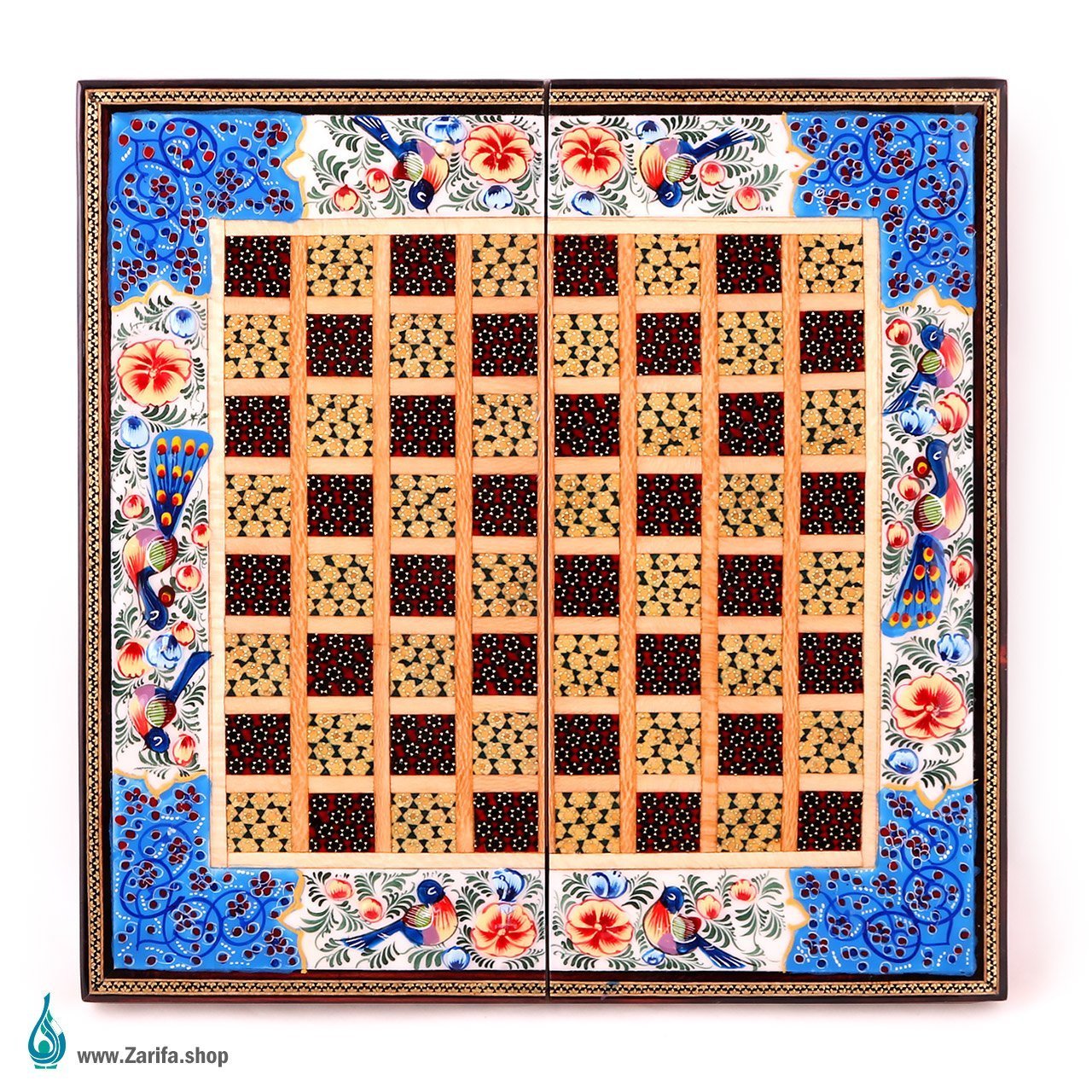 526 تخته نرد خاتم با نقاشی گل و مرغ برجسته