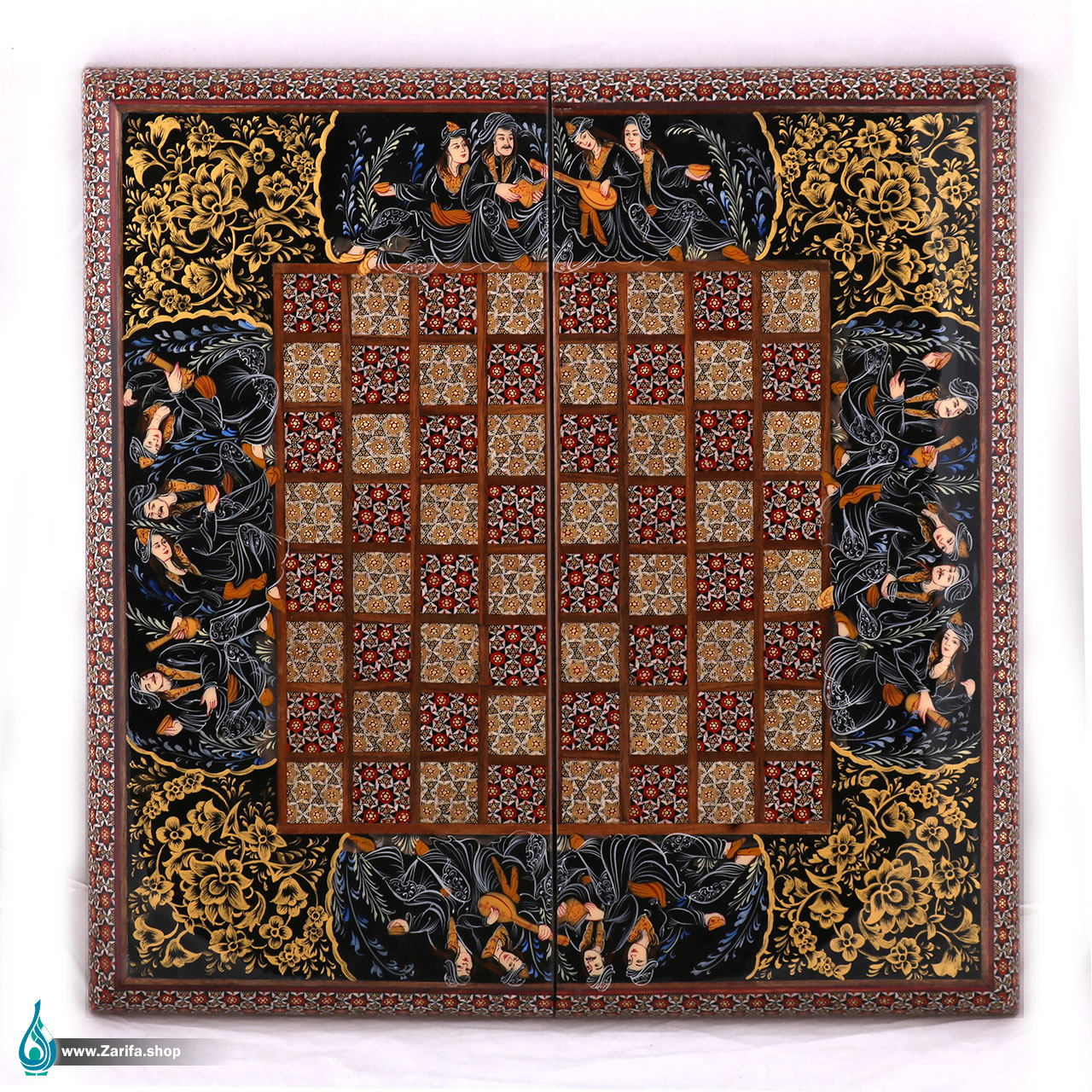 0120 تخته نرد و شطرنج خاتم لب گرد مجلس بزم سیاه قلم